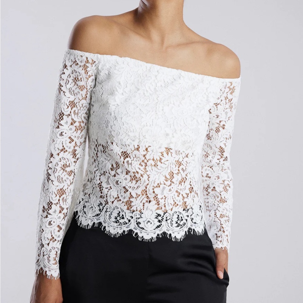 BCBG MAXAZRIA Off Shoulder Lace Top in color Gardenia.